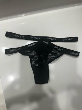 Black Lace Sport Thong with Branded Elastic